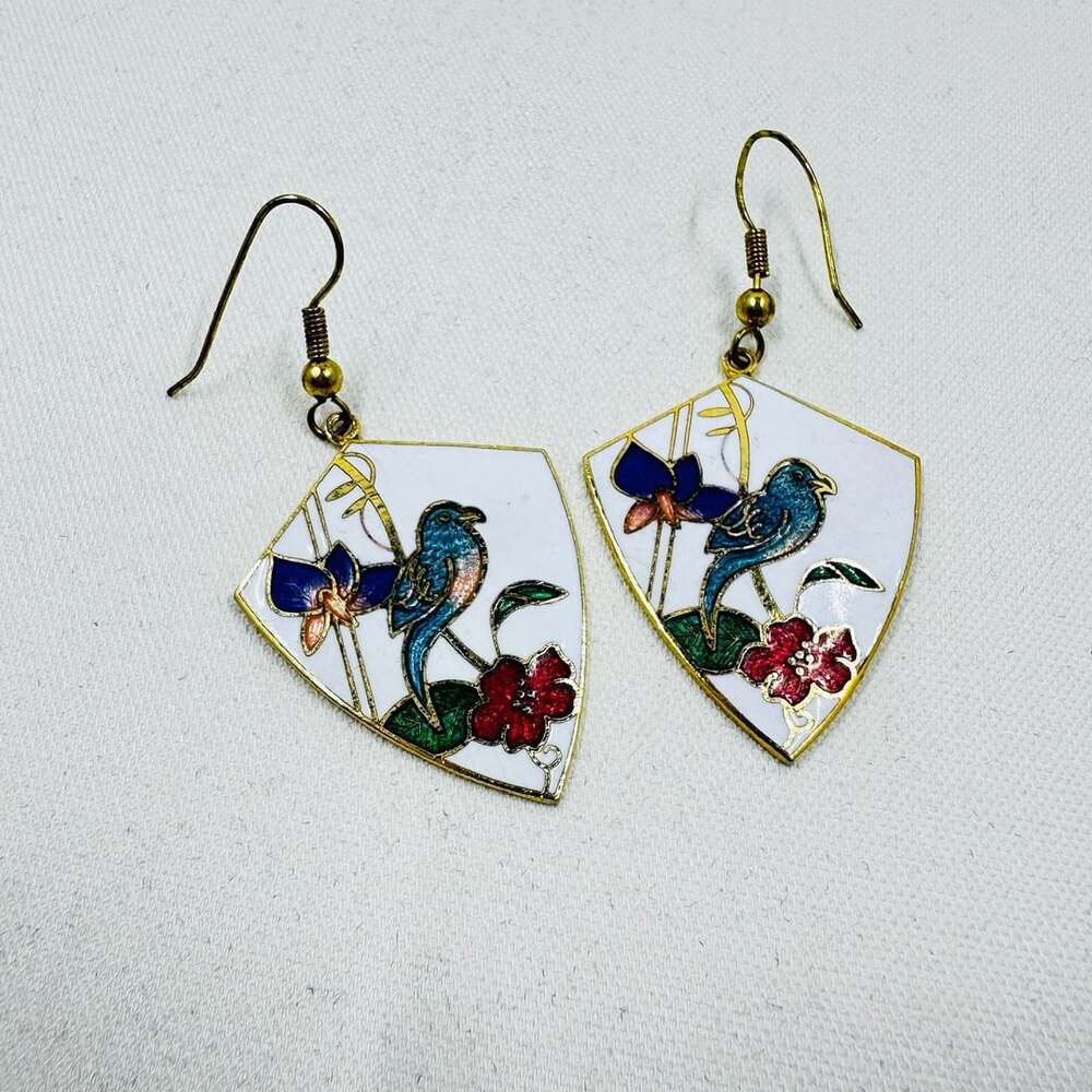 Vintage Cloisonne Bird & Floral Dangle Earrings Shield Shape